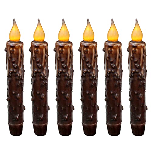 CVHOMEDECO. Real Wax Hand Dipped Battery Operated LED Timer Taper Candles Rustic Primitive Flameless Lights Décor, 6-3/4 Inch, Brwon, 6 PCS in a Package