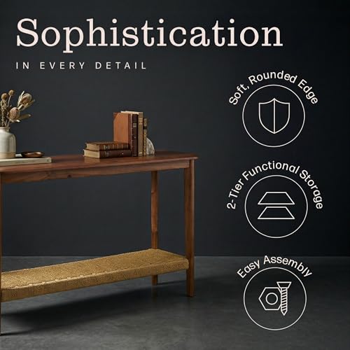 Alaterre Furniture Calais 48 Inch Solid Wood Entryway Table with Woven Storage Shelf – Mid Century Modern 2-Tier Sofa Table for Living Room, Hallway, or Foyer (Chestnut) by Alaterre Furniture - Image 6