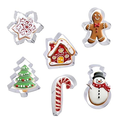 Large Christmas Cookie Cutters, 4’’ Holiday Cookie Cutters, Christmas Tree, Snowflake, Gingerbread Man, Gingerbread House, Snowman, Candy Cane Cookie Cutters Shapes for Baking