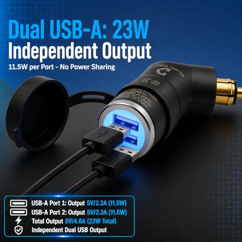 Image of Cliff Top Hella DIN Dual USB Charger 4.6A Compatible with BMW /Triumph Tiger | 4.6A dual USB output, short angled Hella DIN /Powerlet plug, compatible with BMW Triumph Tiger motorcycles, phone /GPS charging