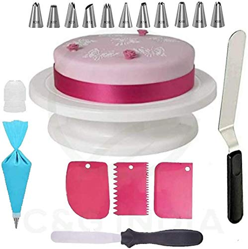 C&G INDIA Combo of Cake Making Revolving Turn Table, 12 Piece Cake Decorating nozzles with Silicone Icing Bag and Coupler, 10.7 inch Stainless Steel Spatula and 3 Icing Scraper- Multicolor