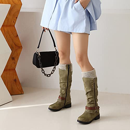 Women's Knee High Boots Knight Boots,Chunky Low Heel Non-Slip Western Boots with Zipper Metal Buckle Stretch Boots4