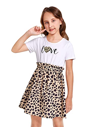 Wdirara Toddler Girl's Leopard Letter Print Paper Bag Waist Short Sleeve Ruffle Hem A Line Dress Multicolored 110 #TOP5