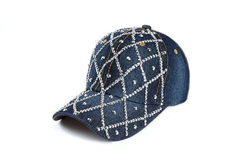 Ashen Fane 6 Panel Studded Rhinestone Bling Denim Casual Baseball Hat, Diamond