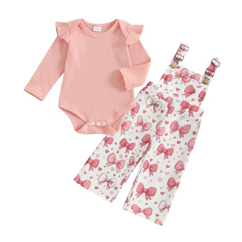 XIXIMAON Infant Baby Girl Outfits Solid Color Long Sleeve Ribbed Bodysuits Floral Suspenders Trousers Newborn Autumn Clothes Girls Overalls Dungarees (Pink, 0-3 Months)