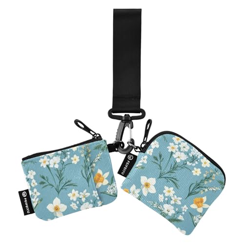 Flower and Whites - Monedero doble para tarjetas de crédito, organizador de dinero desmontable pequeño con bolsillo para monedas con cremallera para el trabajo, viajes, 2 piezas, Flor y blanco azul