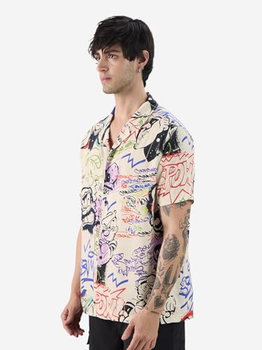 Image of The Souled Store Official Popeye: Graffiti Men and Boys Short Sleeves Collared Neck Button Front Multicolor All Over Printed Rayon Holiday Shirts