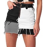 Tulucky Womens Fashion Mid-Rise Color Blocking Patchwork Ripped Stretch Denim Skirts(BlackGreyWhite,XS)