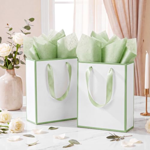 Image of Yeaqee 24 Pack Metallic Paper Gift Bag with Tissue, White, Sage Green