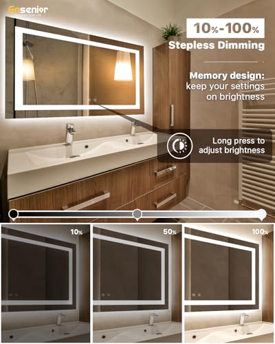 Ensenior LED Bathroom Mirror 55"x 30" with Front and Backlight, Stepless Dimmable Wall Mirrors with Anti-Fog, Shatter-Proof, Memory, 3 Colors, Modern LED Vanity Mirror-ETL & FCC