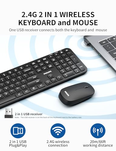 Image of Philips Wireless Keyboard and Mouse Combo,2.4G 2 in 1 Receiver Cordless Full Size Keyboard and Mice,Ultra Slim and Quiet Keyboard & Ergonomic Mice for Windows XP /7 /8 /10,Mac OS X10.4 or Higher-Black