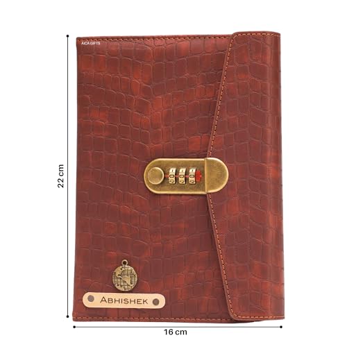 Image of AICA Personalized Name & Charm Leather Lock (Tan Brown) Diary � A5 Size 230 Pages with Combination Lock for Men & Women | Customized Planner Diary Office Birthday Gift Items for Women Girl