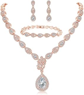 Deyanse Wedding Jewellery Sets for Women, Silver Teardrop Bracelet & Necklace and Earring Set with Cubic Zirconia, White Gold / Rose Gold / Gold Plated Jewellery Set for Bride for Wedding with Gift Box