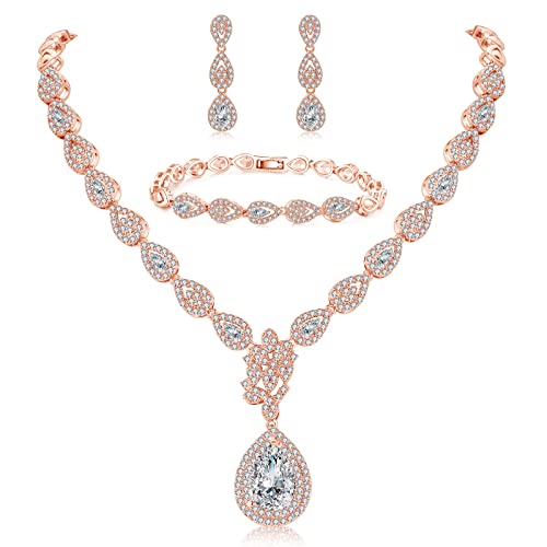 Deyanse Wedding Jewellery Sets for Women, Silver Teardrop Bracelet & Necklace and Earring Set with Cubic Zirconia, Rose Gold Plated Jewellery Set for Bride for Wedding with Gift Box