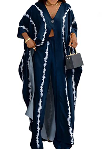 Women African 2 Piece Outfits Button V Neck Long Plus