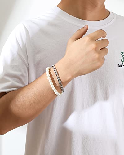 Faux Pearl Bracelet Men with Cuban Link Figaro Chain Wrist Bracelets Set Male Gift2
