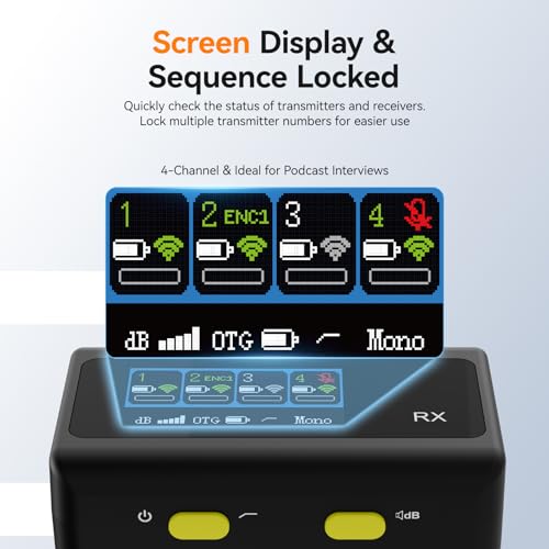 Image of SVBONY D4 4-Person Wireless Lavalier Microphones Systems for Group Videos | Compatible with iPhone, Android, Camera, 2-Level Noise Reduction, 656ft Range, Smart Display, Magnetic Mount,Safety Track