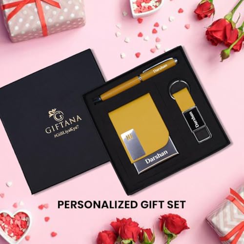Image of Giftana Personalized Card Holder with Pen, Keychain with Name, 3 in 1 Customized Pen, Card Holder Keychain Gift Set, Personalised Gifts for Husband, Corporate Gifts for Employee (Yellow)