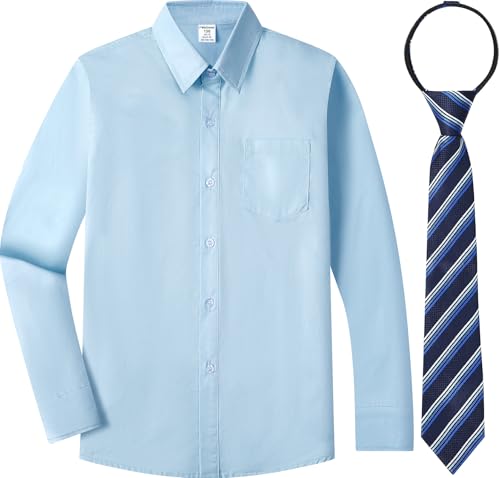 mintgreen Camisas escolares para niños de algodón liso de manga larga con corbata, 7-14 años, azul claro, 11-12 años