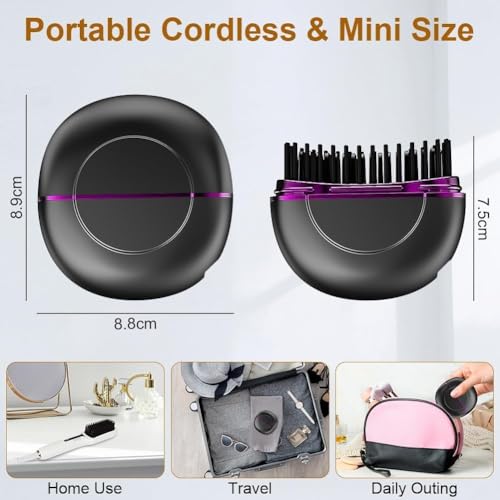 Image of Mini Hair Straightener, Rechargeable Portable Hair Straightener Brush,3-Speed Temperature Control Rechargeable Fast Heating Hot Comb Anti-Scald Shell, Portable Travel for Women (Black)