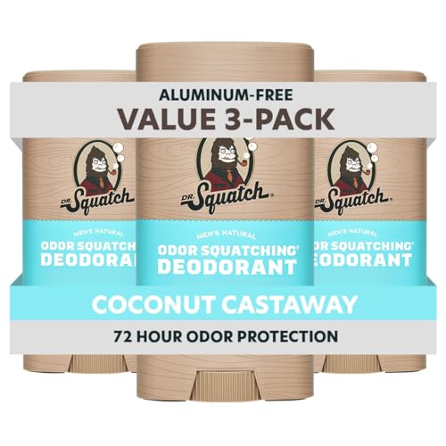 Dr. Squatch Natural Mens Deodorant Aluminum Free Natural Deodorant Men with Charcoal & Postbiotics for 72-Hour Odor Protection Coconut Castaway 2.65oz Stick (3-Pack)