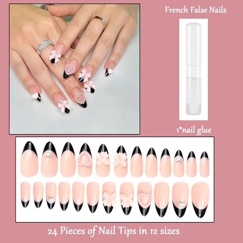 24pcs Almond Fake Nails - Black Edge False Nails French Tip with Pink Bow and Heart - 12 Sizes Glue on Nails French Nail Tips - Full Cover Glossy Acrylic Nails for Women Girls Nail Art - Image 4