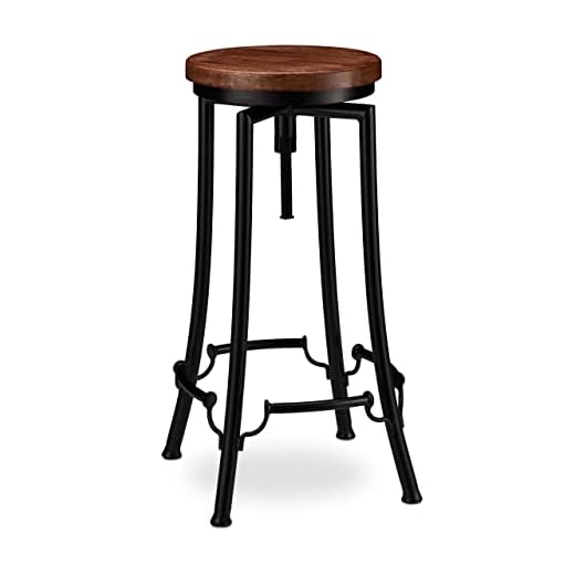relaxdays Taburete Alto Cocina, Banqueta Bar, Vintage Industrial, Hierro-Madera, Altura Ajustable 77,5 cm, Negro-Marrón