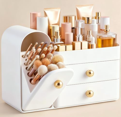 Image of HBlife Makeup Organizer Countertop with Drawers, Vanity Organizers with Brush Holder, Bathroom Counter Organizer for Perfume, Nail Polishes, Lipsticks, Skincare and Eyeshadow Palettes, White