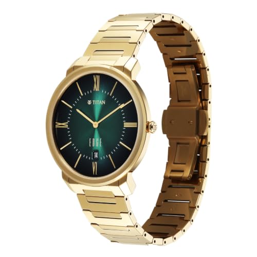 Image of EDGE Meister with Quartz Analog 2 Hands + Date Display Green Dial Solid Link Gold Plated Stainless Steel 316L Strap Watch for Men - 10065YM01