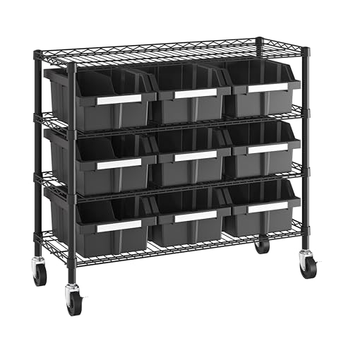 Image of 4-Tier NSF 9-Bin Steel Wire Shelving Rack, 36 inchW x 14 inchD x 31 inchH, Graphite | 9 slide-out bins with tilt-lock design keep supplies organized and accessible