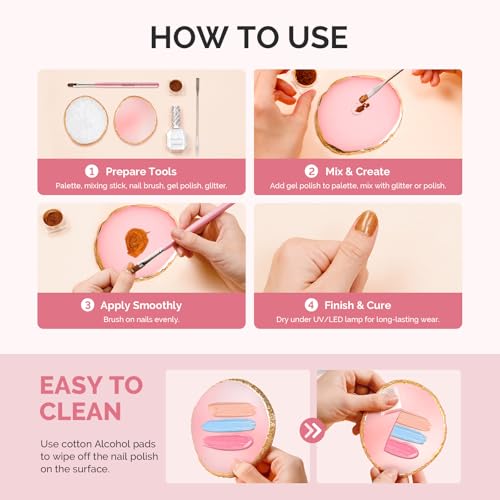 Image of MelodySusie 2Pcs Round Resin Nail Art Palette with Spatula, Professional Gel Polish Mixing Board & Nail Training Companion for Practice Hands & Fingers, Pink & White
