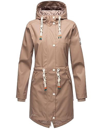 Navahoo Damen Übergangsjacke Regenmantel wasserdichte lange Regenjacke mit verstellbarer Kapuze und geschweißten Nähten Tropical Stormoo Taupe Gr. M
