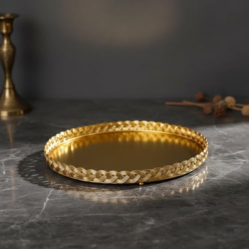 Image of Luxury Gold Round Decorative Serving Tray - 12-Inch Ornate Braided Metal Vanity Tray with Mirror-Finish for Coffee Table, Ottoman, Home Decor - Ideal for Afternoon Tea, Jewelry, or Dessert Display