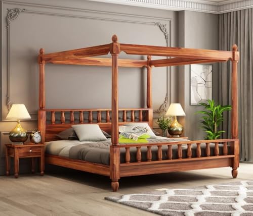 Image of Sheesham Wood Queen Size Poster Bed Wooden Double Bed Cot Bed Furniture for Bedroom Home and Hotel (Honey Finish- Queen Size)
