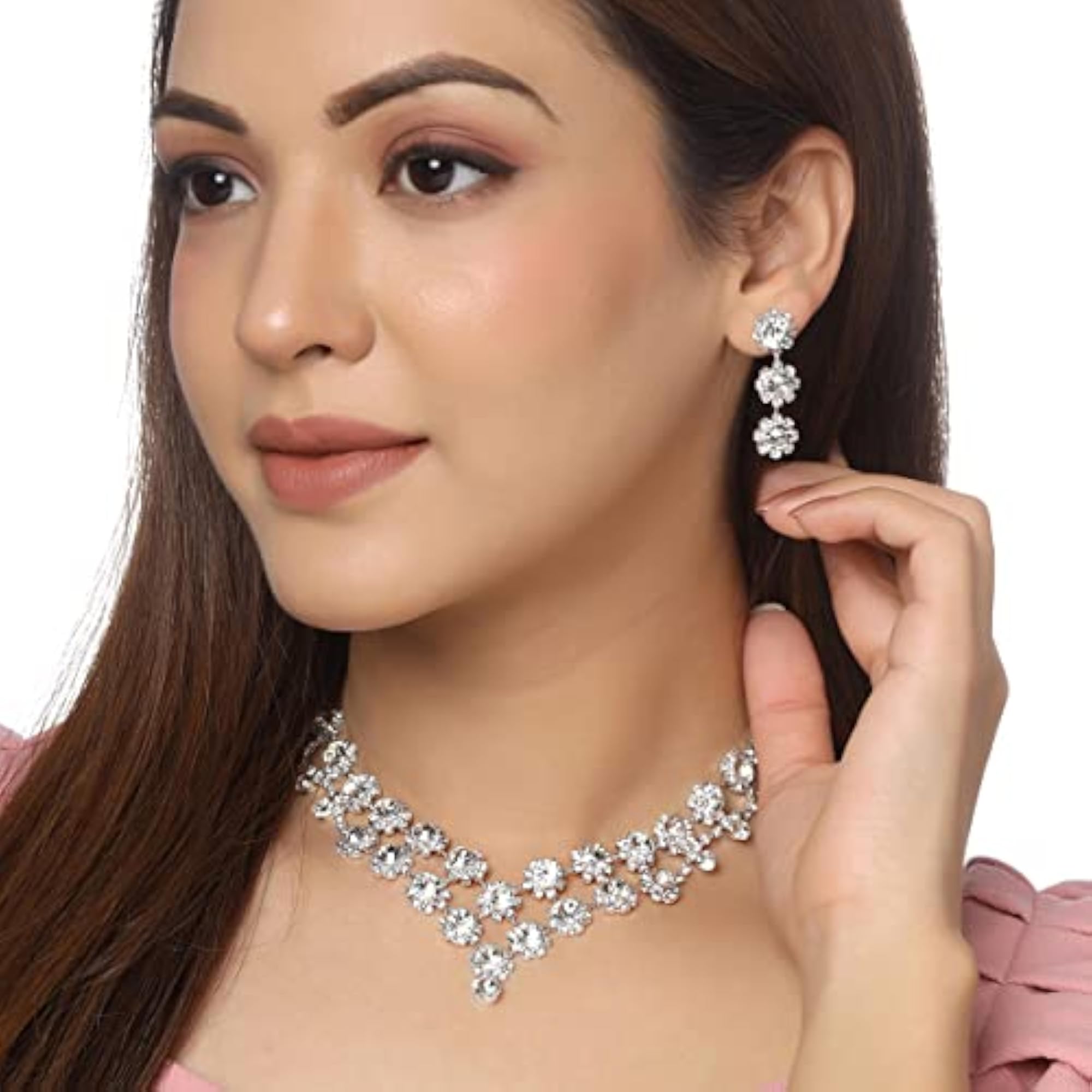 Silver Toned White Drop Chain Designed Necklace Set with Earrings