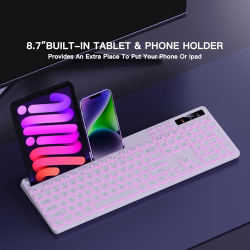 Image of Soueto Wireless Keyboard with 7-Color RGB Backlit, Full-Size Computer Keyboard with Phone Tablet Holder, 2.4G Rechargeable Gaming Keyboard with Light Up Keys, Compatible with Mac, Windows (White)