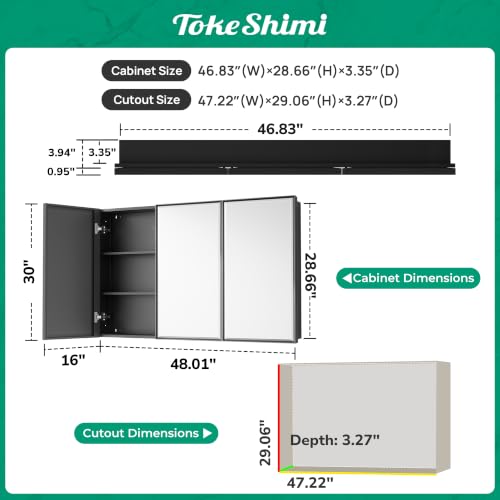 Image of TokeShimi 48x30 in Large Medicine Cabinet with Mirror, Fully Assembled