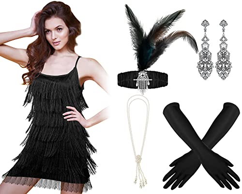 Zhanmai 6 Pcs Flapper Dress Flapper Costumes For Women 1920S Accessories For Women 1920S Costume Accessories Set Headband Pearl Necklace Earrings Gloves Stick (Black, Small) #TOP1