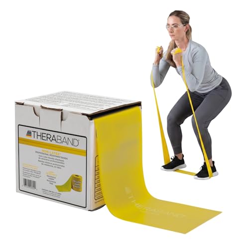 THERABAND Resistance Band 25 Yard Roll Thin Yellow Non-Latex Professional Elastic Bands For Upper & Lower Body Exercise Workouts Physical Therapy Pilates & Rehab Dispenser Box Level 2