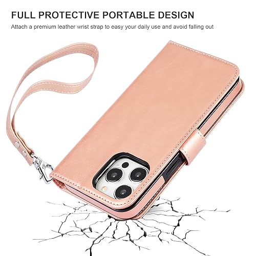 Bocasal Detachable Wallet Case for iPhone 15 Pro Max RFID Blocking Card Slots Holder Premium PU Leather Magnetic Kickstand Shockproof Wrist Strap Removable Flip Cover 5G 6.7 inch (Rose Gold) by Bocasal - Image 7