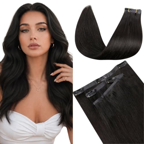Image of LaaVoo Seamless Clip in Hair Extensions Human Hair Black Clip in Human Hair Extensions Invisible PU Weft Human Hair Clip ins Extension Full Head 16 Inch 7pcs /110g