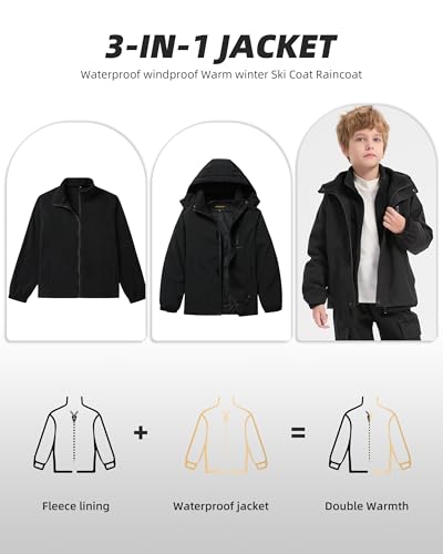 Children's Winter Jacket 3-in-1 Children's Coat with Fleece Lining and Waterproof Outer Shell, black, XL - Image 5