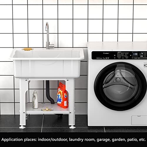 Freestanding Plastic Laundry Sink With Washboard, W31" × D22" × H31.5" Indoor And Outdoor Utility Sink With Cold And Hot Water Faucet, Hoses And Drain Kit For Laundry Room, Garage, Basement, Garden #TOP1