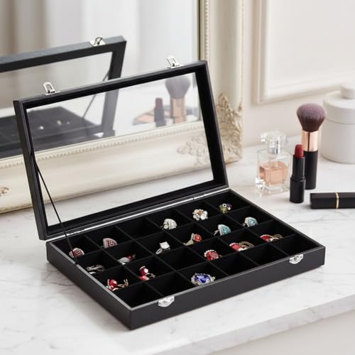 Image of BucketList Women's Velvet Glass Ring Earrings Jewelry Box - Display Storage Showcase Holder Organizer (Big 24 Grid Jewellery Box Black)
