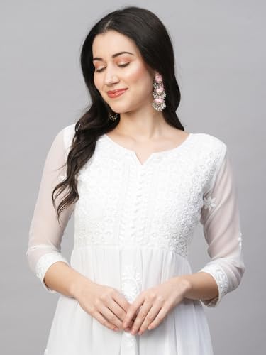 Image of RATAN Women's Solid Georgette Tiered Chikankari Flared Kurti Gown Maxi Dress