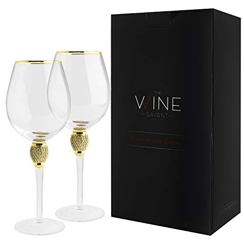 The Wine Savant Large Diamond Wine Glasses, Gold Rim Rhinestone Diamond Glasses - Wedding Glasses - 15 Ounce, Premium Designed Wine Glasses For Spirits And Wine, Gift Boxed (2, Clear) #TOP1