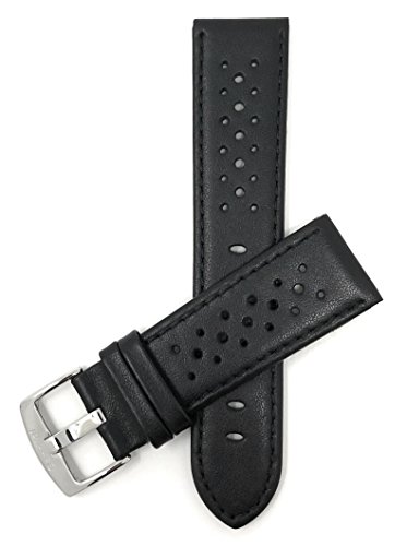 Bandini Mens Extra Long Leather Rally Strap - Breathable Perforated Racing Watch Band - Replacement Racer Rally Band for Classic and Smart Watch - Black 18mm XL Watch Band