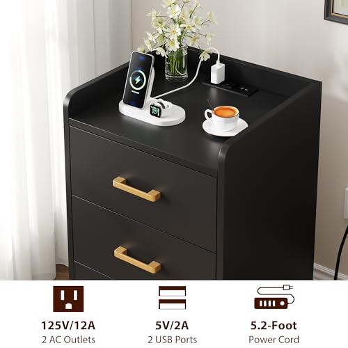 FOTOSOK Black Nightstand with Charging Station, 3 Drawer Nightstand with Gold Handles, Black Side Table for Bedroom, Modern Design End Side Table for Home, Office - Thumbnail 4