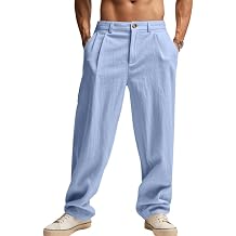 Mens Linen Pants Coconut Palm Print Pants Loose Straight Leg Drawstring Elastic Waist Trendy Outdoor Beach Trousers