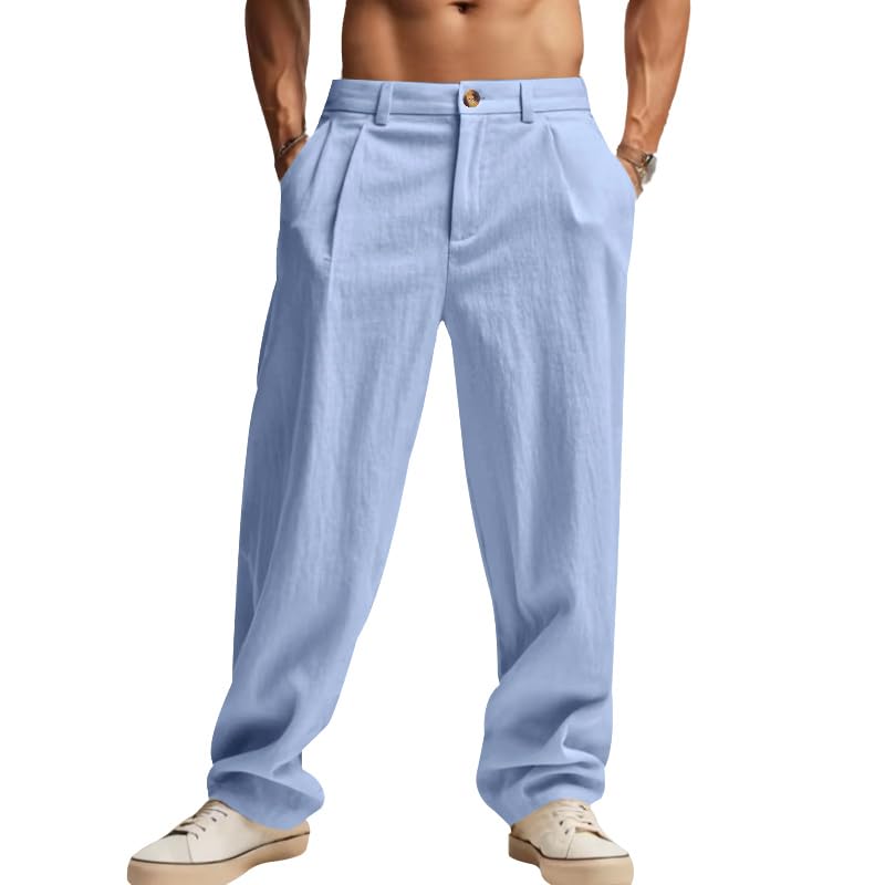 Mens Linen Pants Coconut Palm Print Pants Loose Straight Leg Drawstring Elastic Waist Trendy Outdoor Beach Trousers